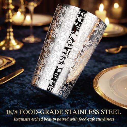 Kitessensu Etched Boston Cocktail Shaker Set, Baroque Scroll Engraved