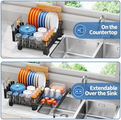 TOOLF Expandable Over-Sink Dish Drying Rack, Black