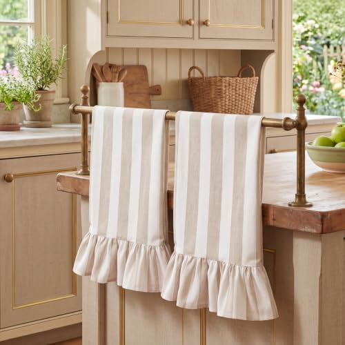 Brown Striped Kitchen Towels Set of 2, 100% Cotton Ruffled
