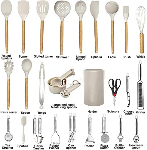 35-Piece Silicone Kitchen Utensil Set, Wooden Handles