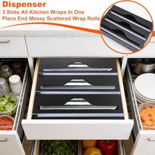 Wrap Dispenser Compatible with Saran, 3 in 1 Cutter Organizer, Black