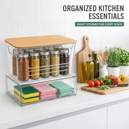 FOCHIER F 4 Pack Pantry Organizer with Bamboo Lid and Pull-Out Drawer