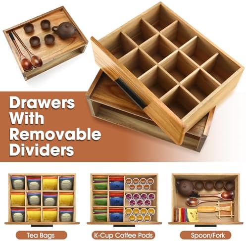 Acacia Wood Tea Bag Organizer with Drawer - 12-Compartment Tea Storage