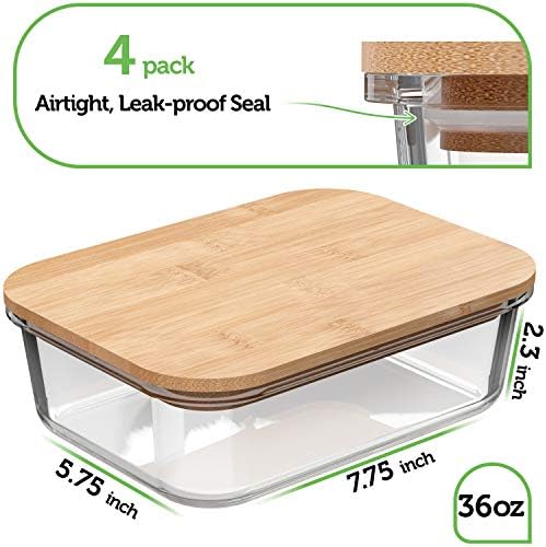 Verel 4 Pack 36 Ounce Glass Food Storage Containers with Bamboo Lids