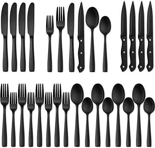 Hiware 24 Pieces Matte Black Silverware Set with Steak Knives for 4