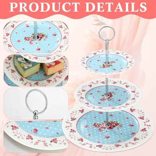 Dandat 4 Pcs 3 Tier Cake Stand Floral Ceramic Afternoon Serving Tray