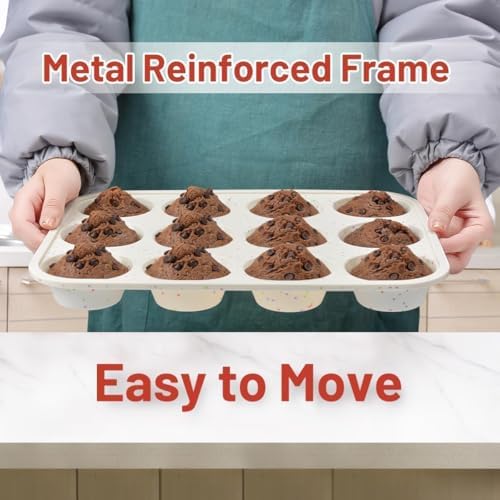 CAKETIME Silicone Muffin Pan, Metal Reinforced Frame Cupcake Pan 12
