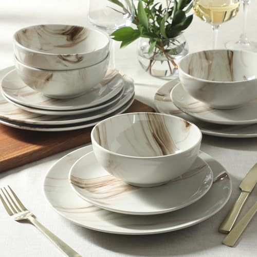 Gibson Home Cloudlight 12 Piece Plates and Bowls Dishes Brown and