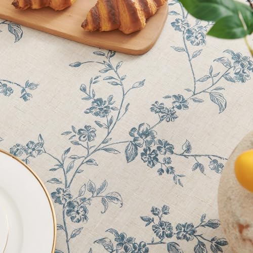 jinchan Blue Farmhouse Floral Linen Rectangle Table Cloth 52 x 70 Inch