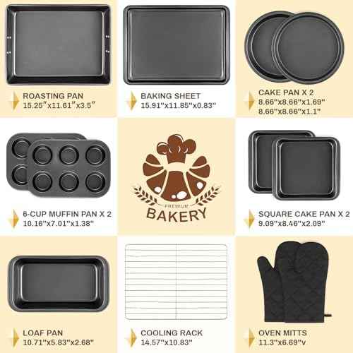 12PCS Nonstick Bakeware Set, Non-Toxic Carbon Steel Baking Pans Set with Wider Grip, Includes Roasting Pan, Cookie Sheet, Cake Pans, Muffin Pans, Cooling Rack, Oven Mitts, Easy Release