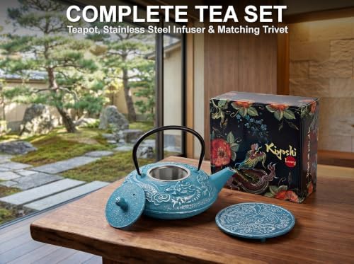 40 Oz Blue Dragon Cast Iron Teapot, Enamel Interior, Infuser & Trivet