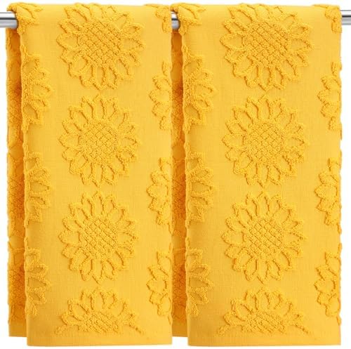 SmoothNovelty 2 Pcs Yellow Sunflower Hand Towels 100% Cotton Jacquard