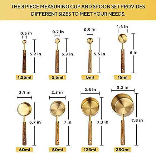 Measuring Cups and Spoons Set of 8, Golden Stainless Steel Measuring