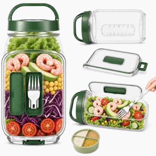 34 Oz(1L) Salad Jar with Side Opening, Salad Pod with Built-in Fork &
