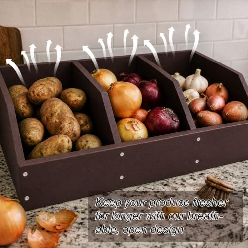 Potato Onion Storage Bin, Wooden Pantry Organizer with 3 Compartments