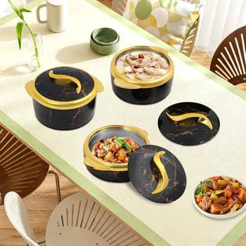 3-Piece Thermal Dish Set with Lids, Insulated Serving Bowls for Hot & Cold Food, 0.66/0.53/0.4 Gal Hot Food Container Set for Buffets, Parties, Home Kitchen Use (Black)