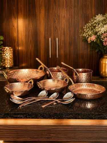 Pure Copper Cookware Set with Hammered Kadai, Saucepan & Fry Pan