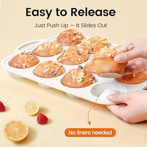 Silicone Muffin Pan for Baking with Metal Reinforced Frame, Nonstick