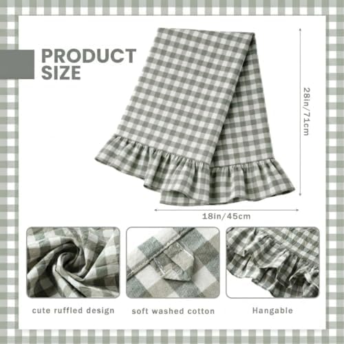 HunnmingRe 2 Pcs Sage Green Gingham Kitchen Towels Cotton Ruffled