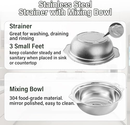 Stainless Steel Colander for Kitchen, 2.5QT Rice Washer Strainer with