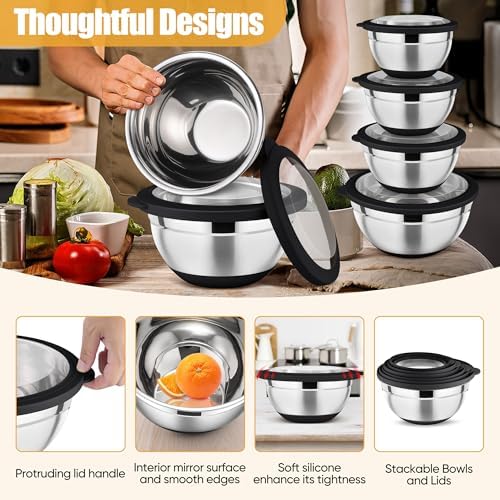 P&P CHEF Black Mixing Bowls with Lids Set of 6, Salad Serving Bowls