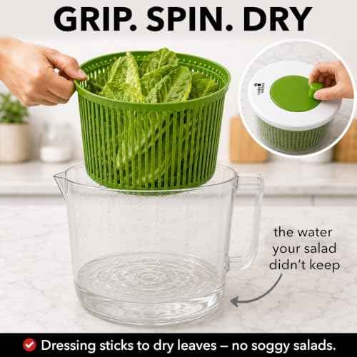 Cooler Kitchen Small Salad Spinner — Mini Lettuce Spinner and Dryer with Measuring Cup Bowl — Compact Veggie & Fruit Washer, Salad Dryer Spinner — Dishwasher Safe, BPA-Free