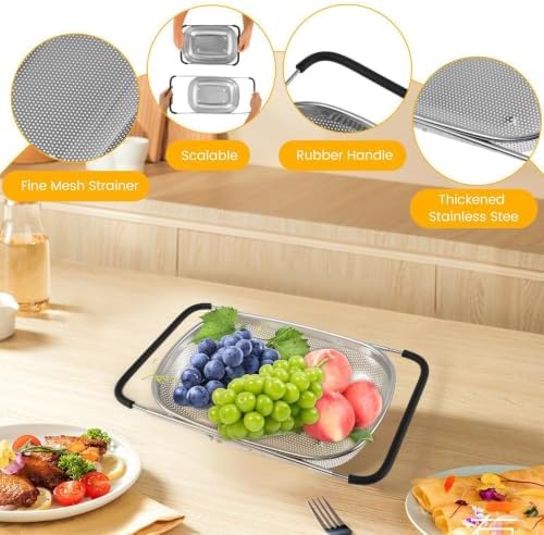 Over Sink Colander, Expandable Stainless Steel Basket with Handle Fine