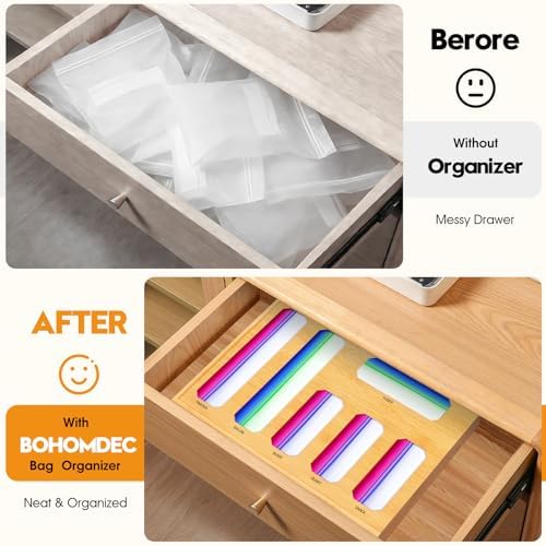 Bamboo Ziplock Bag Organizer for Kitchen Drawer & Wall Mount, Food