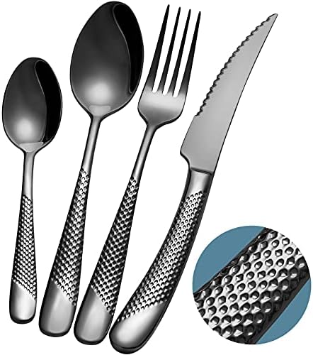 16-Piece Modern Black Hammered 18/10 Stainless Steel Silverware Set