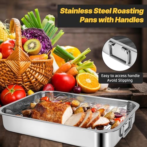 12.7"15.5" Stainless Steel Roasting Pans with Handles, Baking Pan for