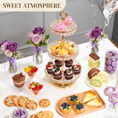 Round Metal Cupcake Tray Set, Crystal Dessert Display Stand for