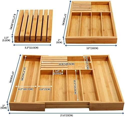 VaeFae Bamboo Silverware Drawer Organizer with Knife Block Set