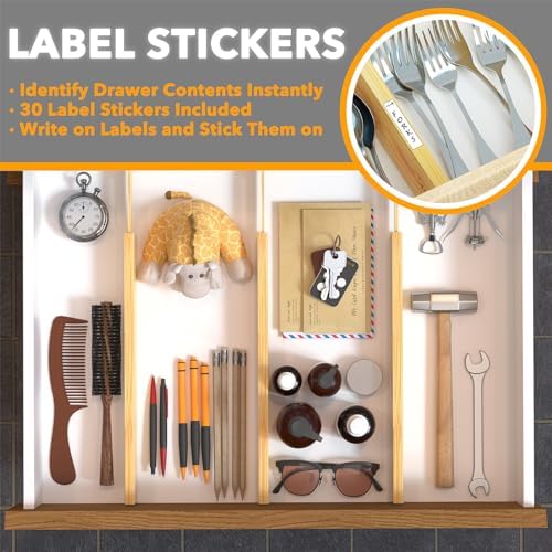 SpaceAid 4 Pack Bamboo Drawer Dividers with Labels, Kitchen Adjustable