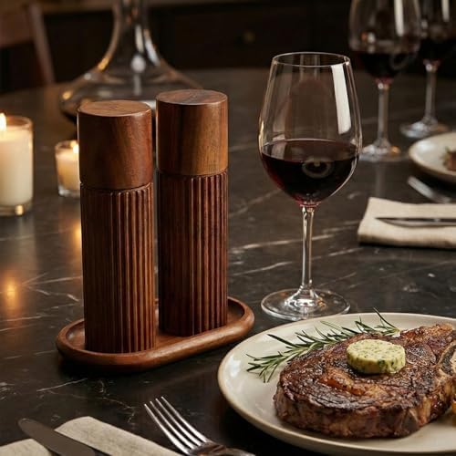 Acacia Wood Salt and Pepper Grinder Set with Matching Tray