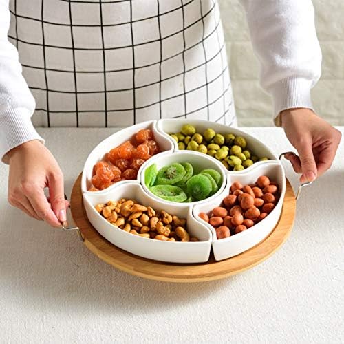 yarlung 11 Inch Ceramic Divided Serving Dishes with Bamboo Platter, Appetizer Tray 5 Removable Snacks Bowls for Candy and Nut, Chips and Dips, No Lid Included