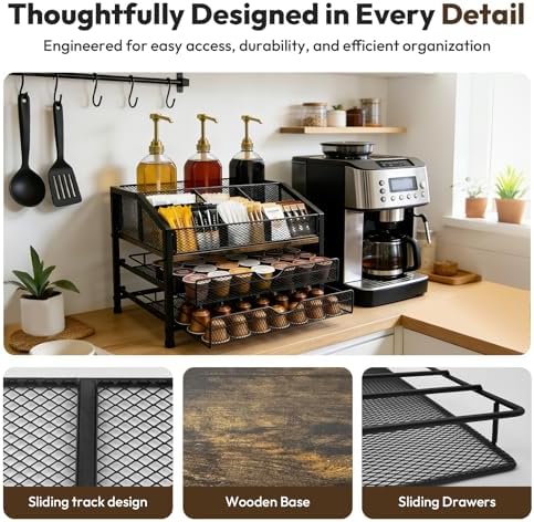 Coffee Bar Organizer with 3 Syrup Pumps, 3-Tier Coffee Station