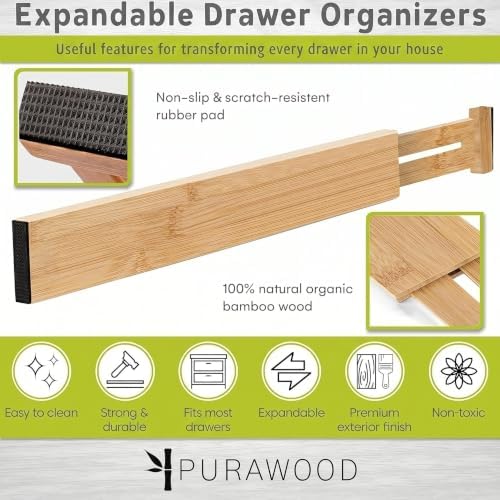 Purawood Bamboo Drawer Dividers, Adjustable Spring-Loaded, Expandable