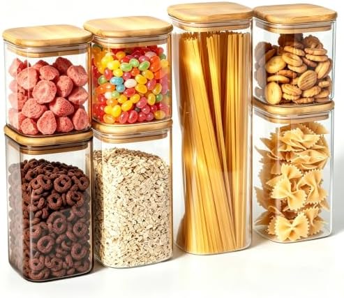 7 Pack Square Glass Storage Containers with Lids, Multi-Size Canisters