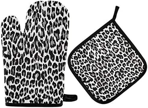 Oven Mitts Quilted Cotton Lining Grey Leopard Print Potholders BBQ