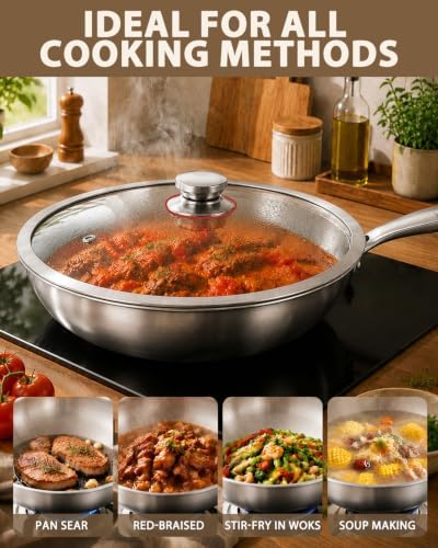 13-Inch Tri-Ply Stainless Steel Wok Pan with Lid | Detachable handle