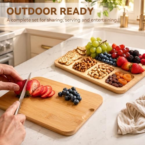 Bamboo Charcuterie Board with Lid, Portable 5-Compartment Tray