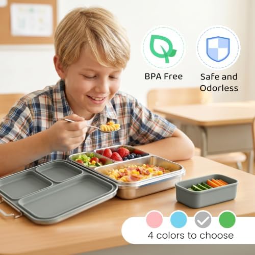 Pawtong Stainless Steel Bento Box, 3 Compartments (Grey)
