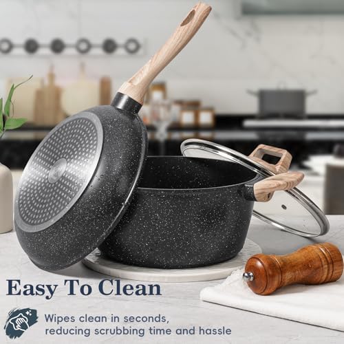 SODAY Pots and Pans Set Non Stick, 12Pcs Black Granite Induction