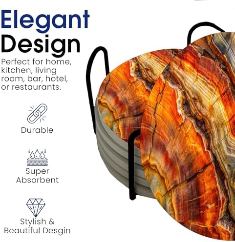 Petrified Wood Agate Round Coasters Set of 6 - Abosrbent Ceramic