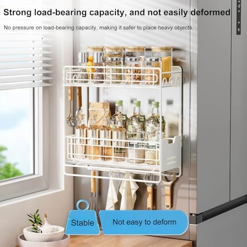 Magnetic Refrigerator Shelf with Sliding Shelf, White, 5 Hooks