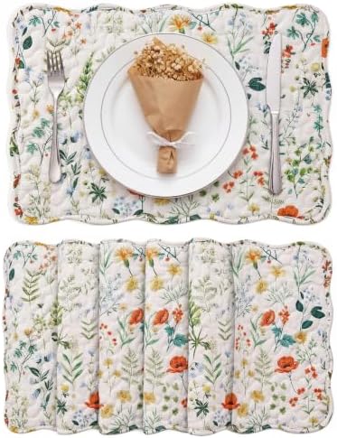 Quilted Placemat Set of 6, Large Scalloped, Wildflowers