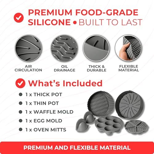 EM Set of 5 Silicone Air Fryer Liners with Egg Bite Mold, Waffle Mold