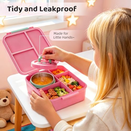Kids Bento Lunch Box with 12oz Insulated Food Jar, 4-Compartment Lunch