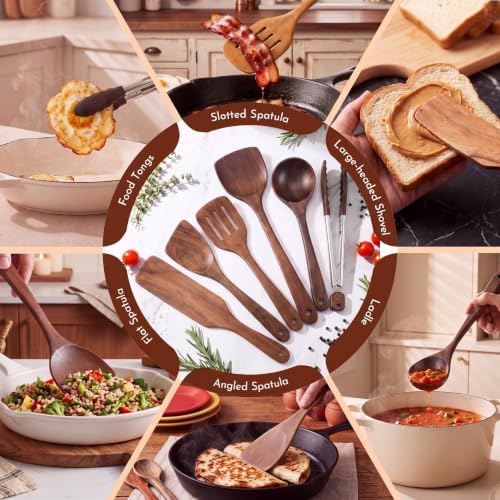 6 Pcs Walnut Wooden Kitchen Utensil Cooking Utensils Set Tong Spatula