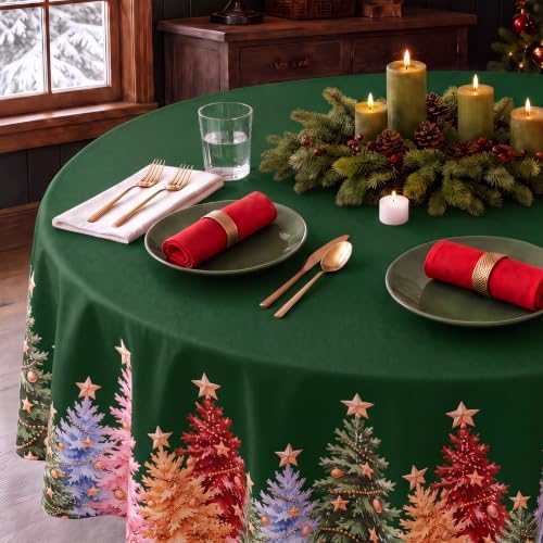 NOVILYS Green Christmas Round Tablecloth Xmas Tree Holiday Decor